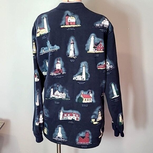 Lighthouse Vintage Artisan Sweatshirt Cardigan Michigan 90s Oversized Size Large - Picture 6 of 10